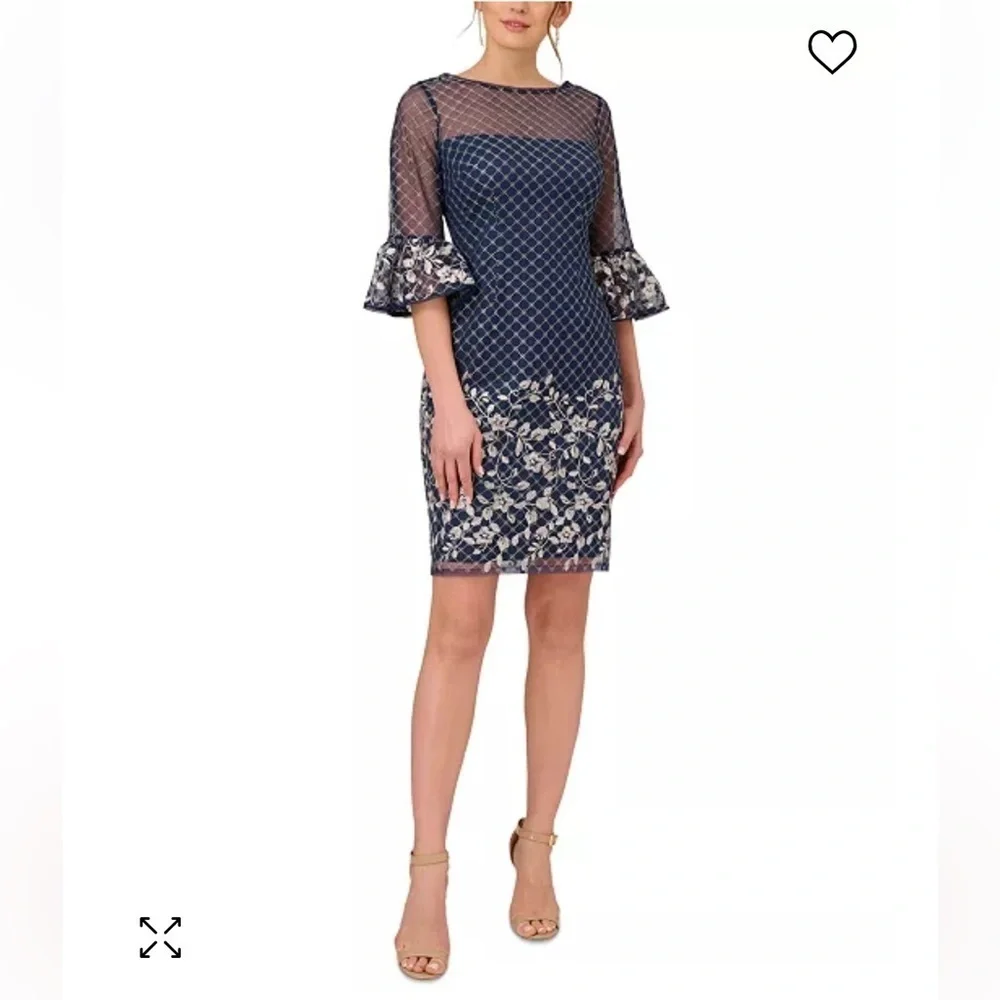 Adrianna Papell Boat-Neck Mesh-Overlay border embroidery sheath Dress - Picture 8 of 11